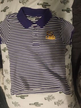 Source Unknown Purple and White Striped Kids Polo with LSU Logo